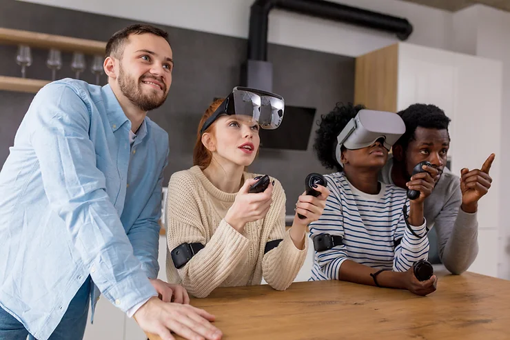 Couples on an exciting and romantic date playing games with another couple.