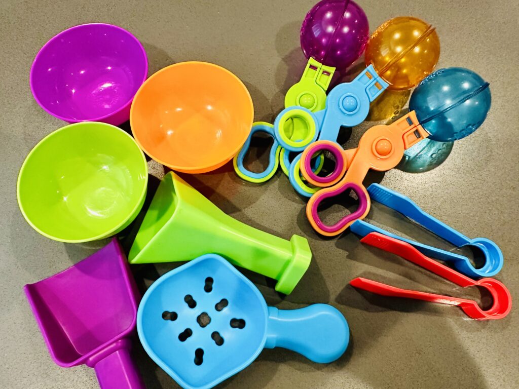 Sensory bin scoops, tongs, tweezers, and bowls