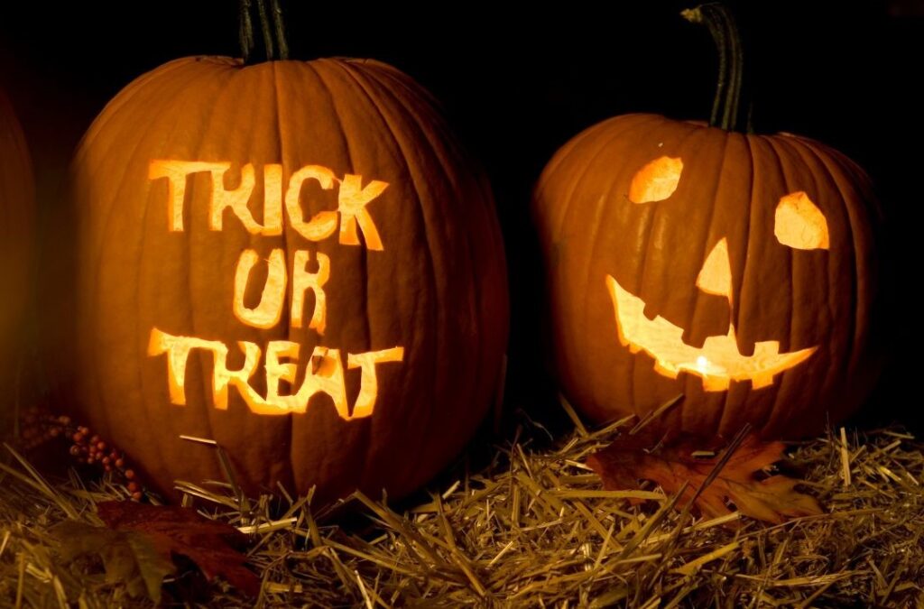 Jack-o-lantern and trick-or-treat pumpkins.