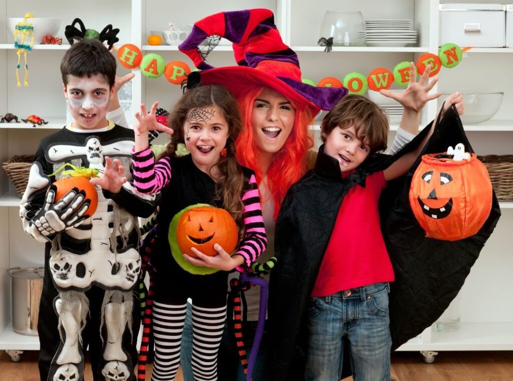 Family preparing for Halloween.